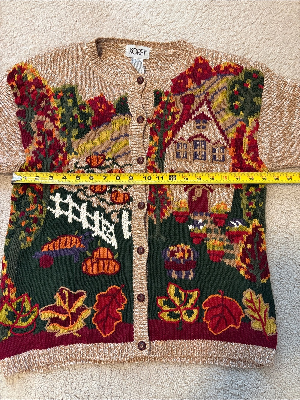 Koret Beige Cardigan with Autumn Cottage & Pumpkin Motif - Picture 8 of 10